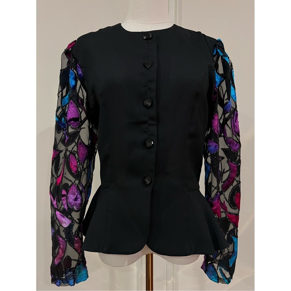 Lucille Faucher Vintage 80s Black Peplum Jacket Burnout Velvet Sheer Sleeve 8